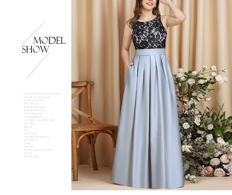 Sleeveless A-Line Back Neck Evening Crew Gown Lace Panel Open Pleated