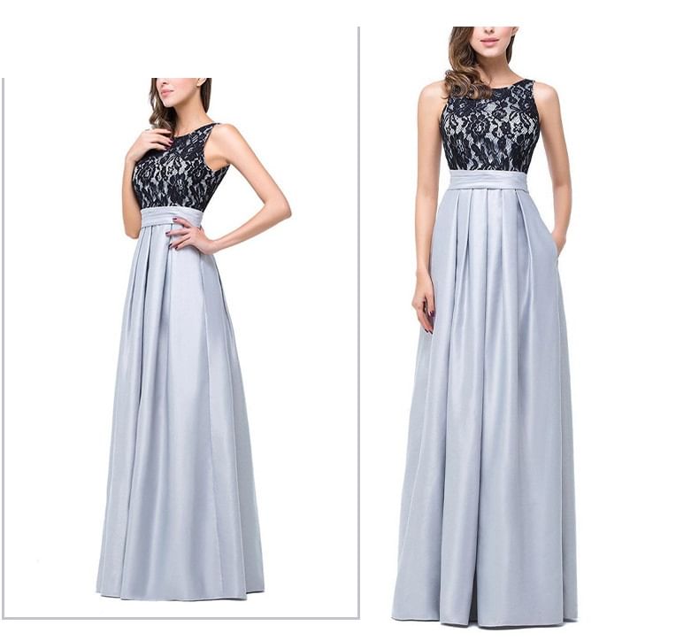 Sleeveless A-Line Back Neck Evening Crew Gown Lace Panel Open Pleated