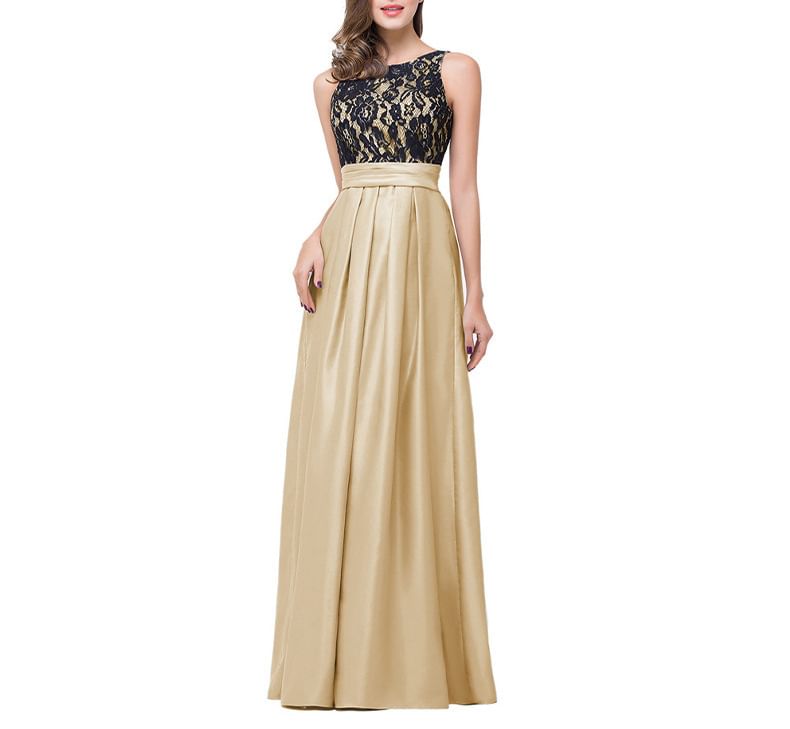 Sleeveless A-Line Back Neck Evening Crew Gown Lace Panel Open Pleated