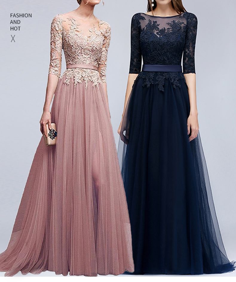 Floral Neck 3/4-Sleeve Embroidered Gown Mesh Open Back Evening A-Line Boat