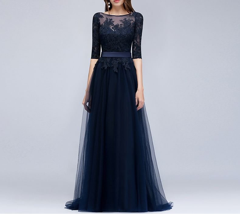 Floral Neck 3/4-Sleeve Embroidered Gown Mesh Open Back Evening A-Line Boat