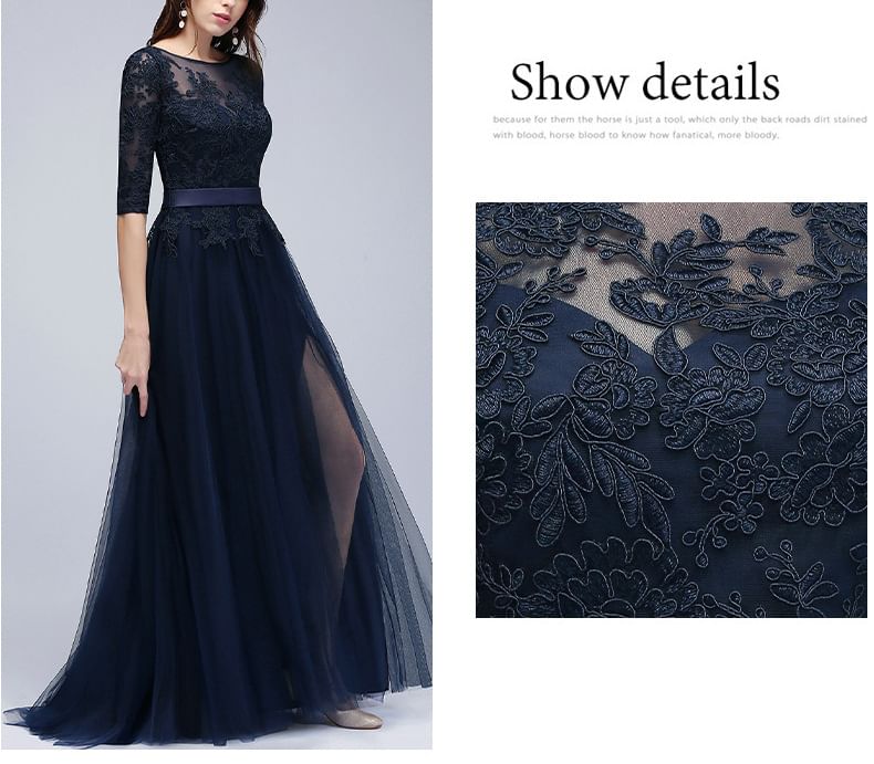 Floral Neck 3/4-Sleeve Embroidered Gown Mesh Open Back Evening A-Line Boat