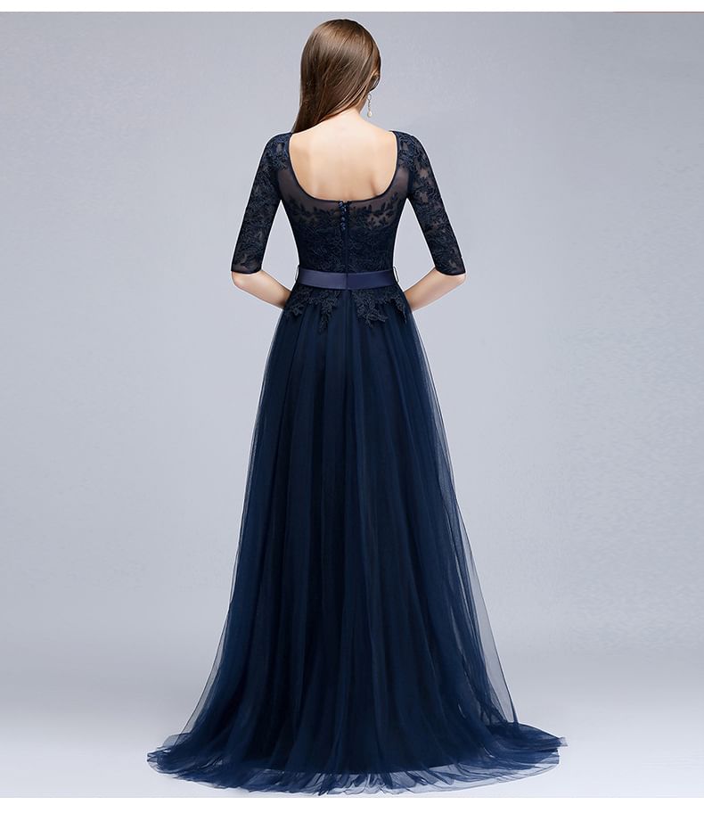 Floral Neck 3/4-Sleeve Embroidered Gown Mesh Open Back Evening A-Line Boat