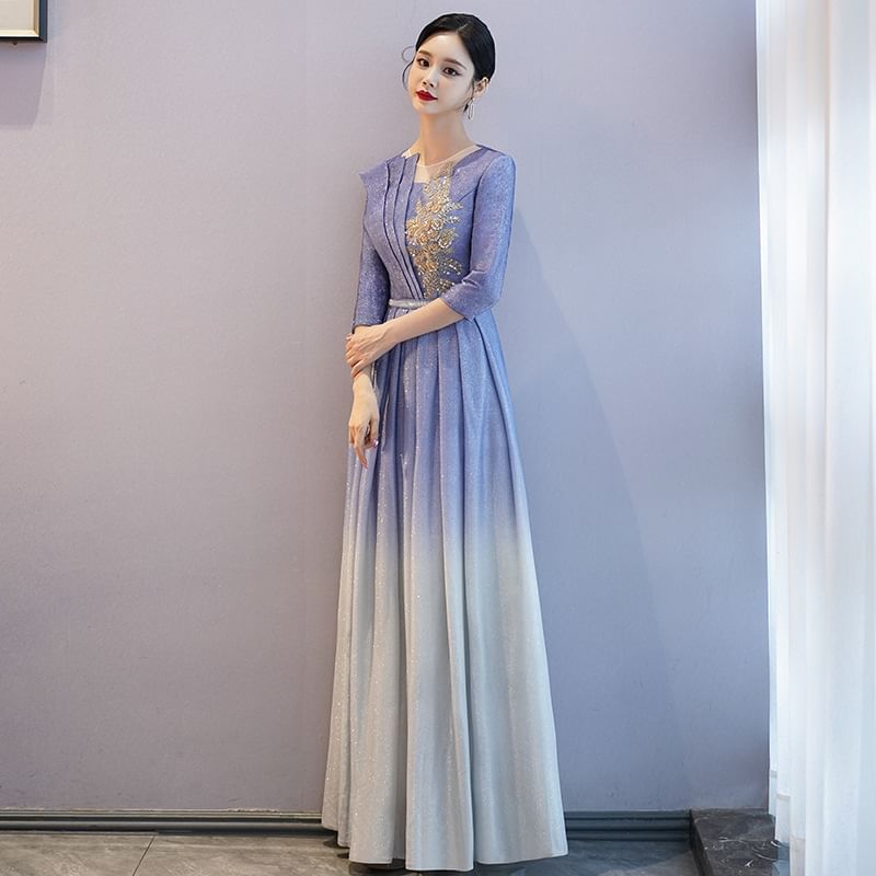 A-Line Pleated Sequin Evening Gown Crew Gradient Neck 3/4-Sleeve