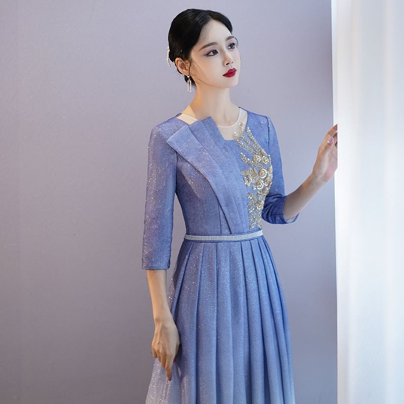 A-Line Pleated Sequin Evening Gown Crew Gradient Neck 3/4-Sleeve