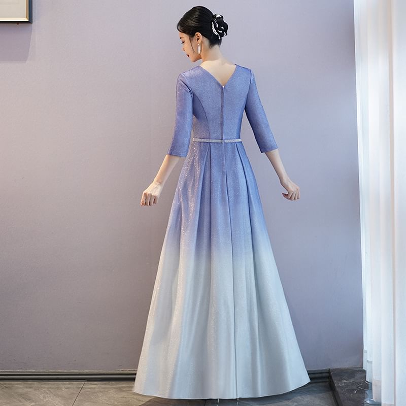 A-Line Pleated Sequin Evening Gown Crew Gradient Neck 3/4-Sleeve