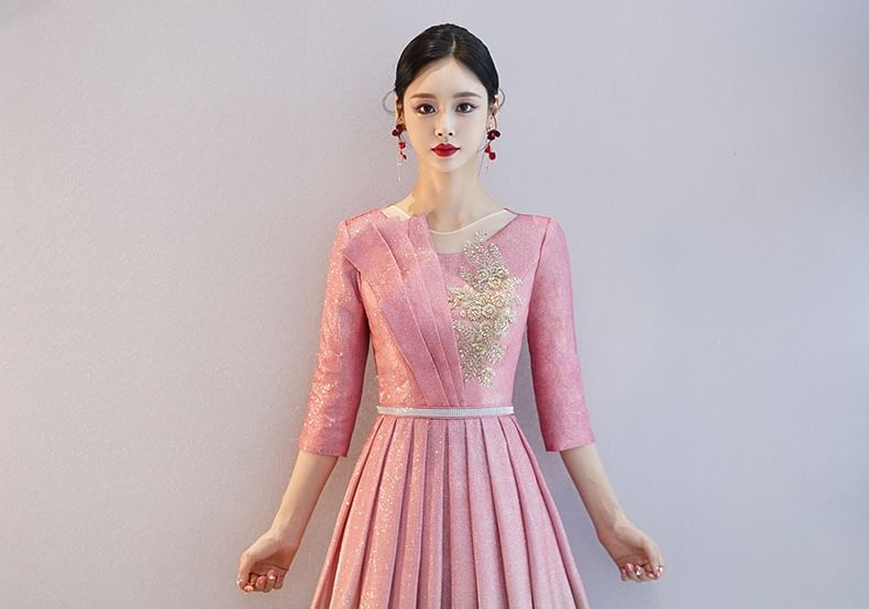 A-Line Pleated Sequin Evening Gown Crew Gradient Neck 3/4-Sleeve