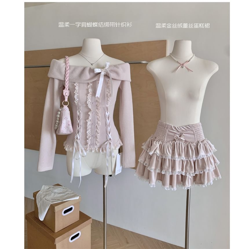 Long Off Plain A-Line Skirt Sleeve Up Bow Tiered Ruffle Top High Lace Waist Mini Shoulder Set: +
