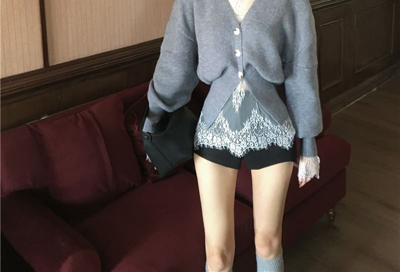 V-Neck / High Shorts Lace Neck Waist Cardigan Top Long-Sleeve Button-Up