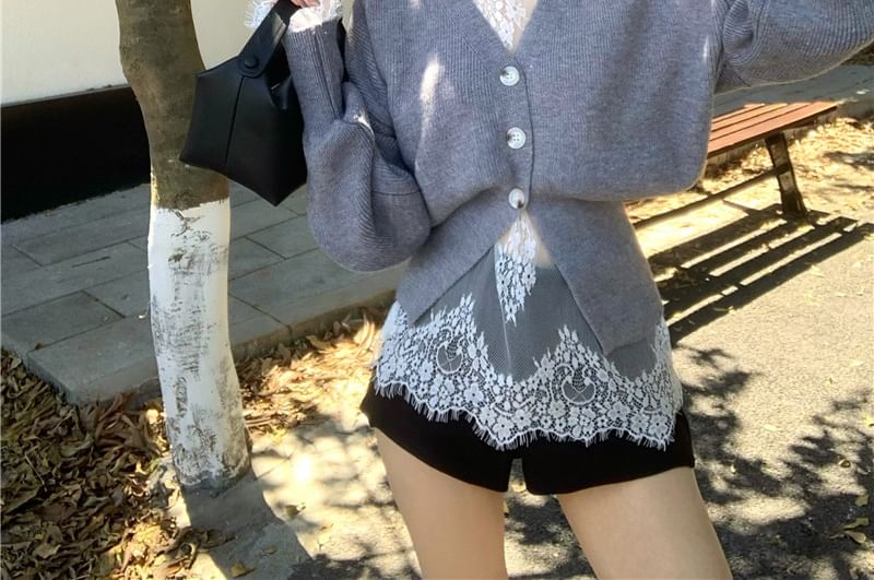 V-Neck / High Shorts Lace Neck Waist Cardigan Top Long-Sleeve Button-Up