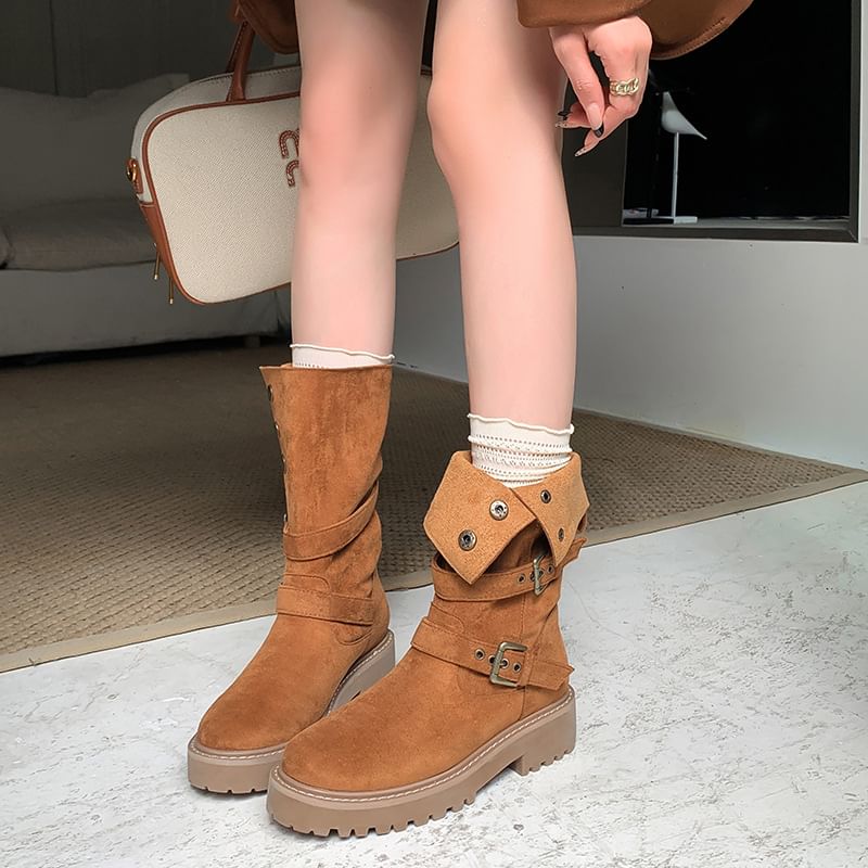 Mid Calf Button Platform Boots Buckled