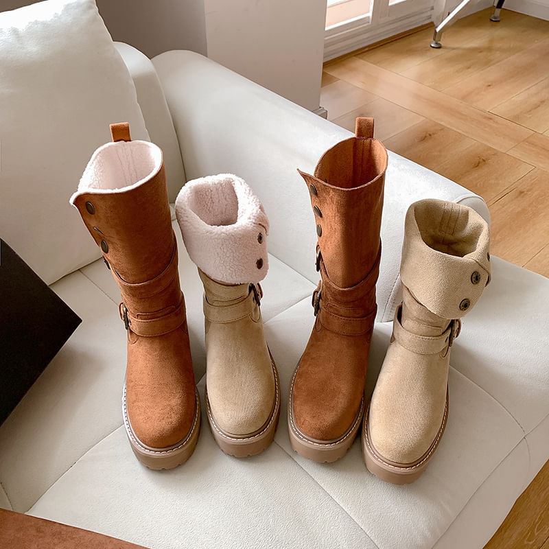 Mid Calf Button Platform Boots Buckled