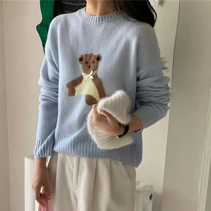 Embroidery Bear Crewneck Sweater
