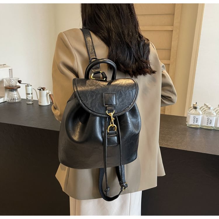 Leather Plain Flap Backpack Faux