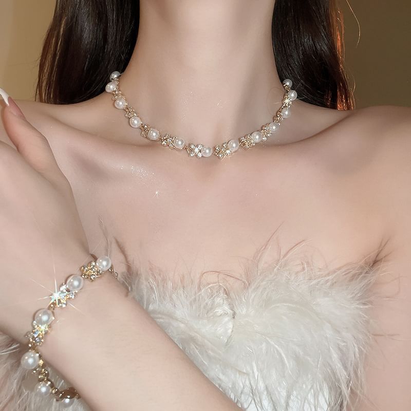 Necklace Faux Drop Earring Rhinestone / Floral Hook Bracelet Pearl