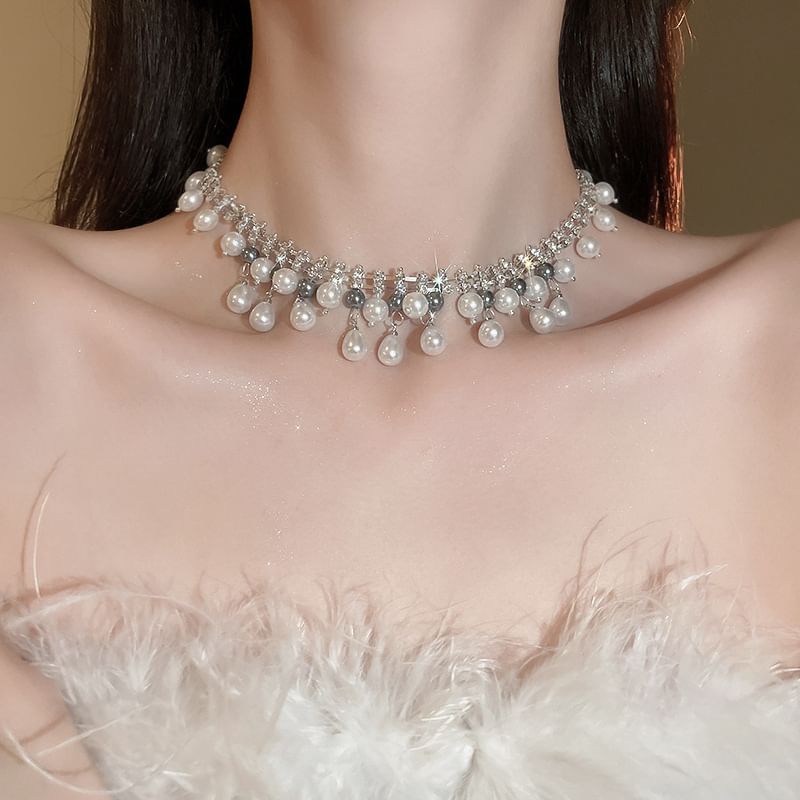 Fringed Faux Necklace Pearl Rhinestone