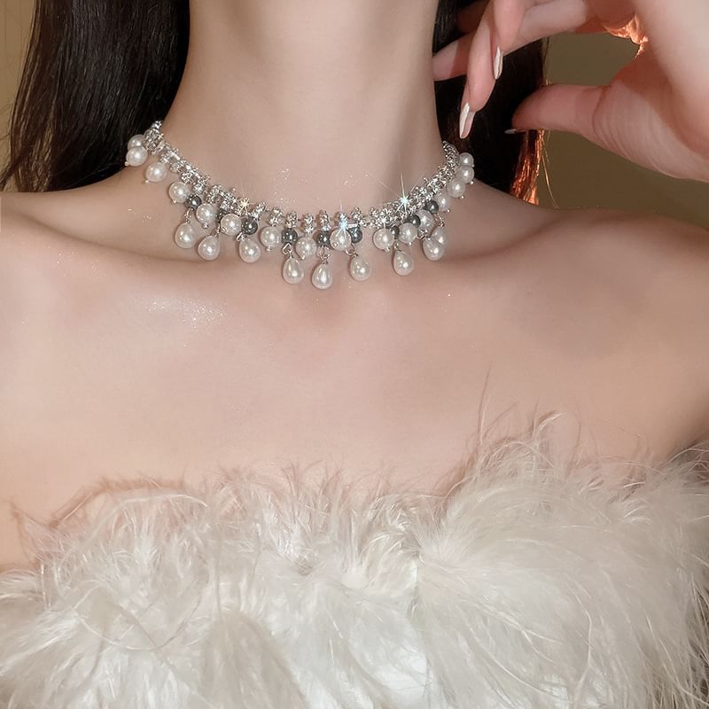 Fringed Faux Necklace Pearl Rhinestone