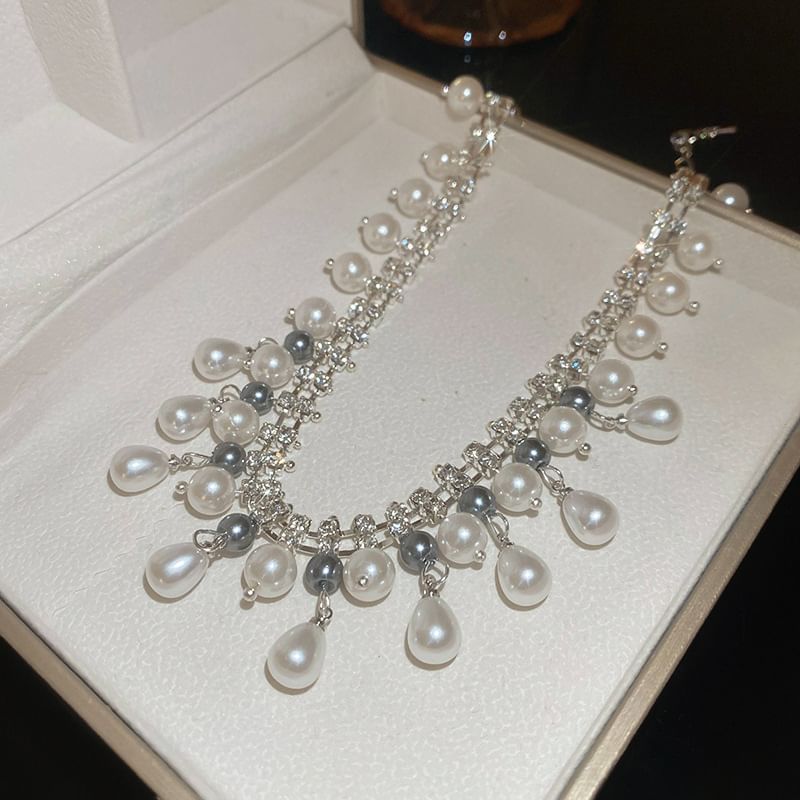 Fringed Faux Necklace Pearl Rhinestone