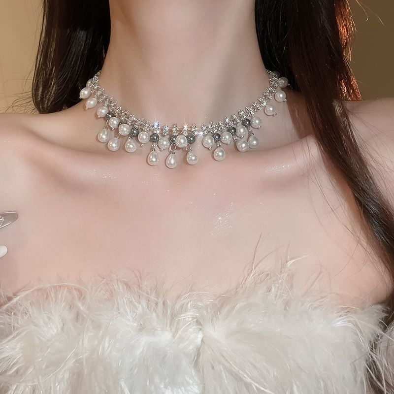 Fringed Faux Necklace Pearl Rhinestone