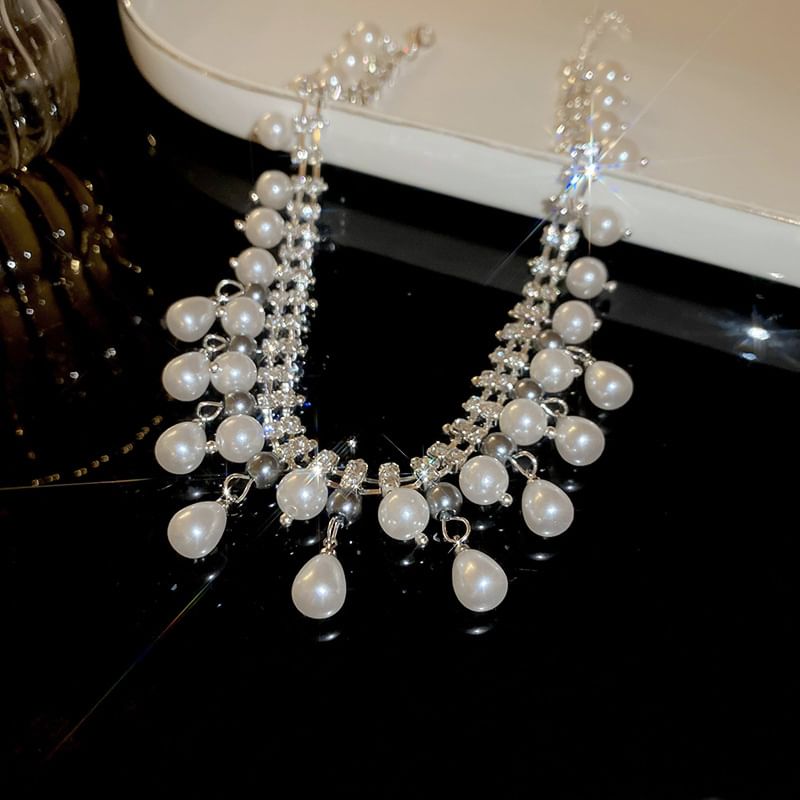 Fringed Faux Necklace Pearl Rhinestone