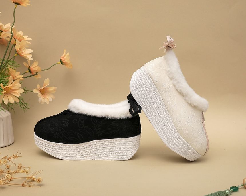 Wedge Fleece-Lined Bow Pumps Platform Heel