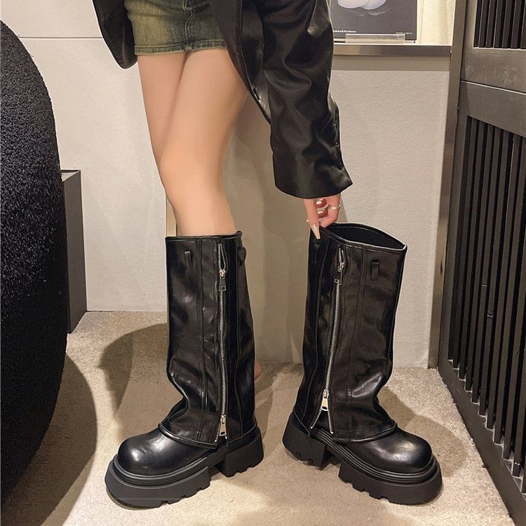 Zip Boots Platform Panel Knee High Buckled