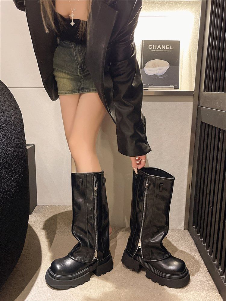 Zip Boots Platform Panel Knee High Buckled
