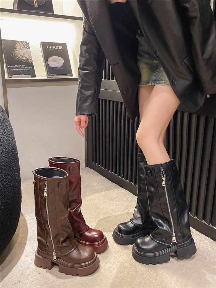 Zip Boots Platform Panel Knee High Buckled