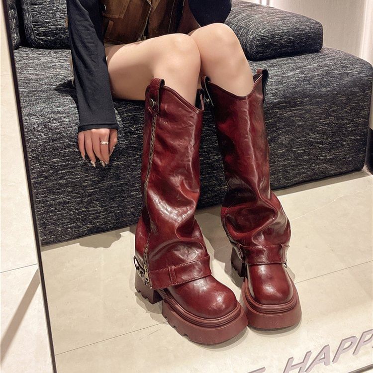 Buckled Knee High Boots Zip Platform Panel