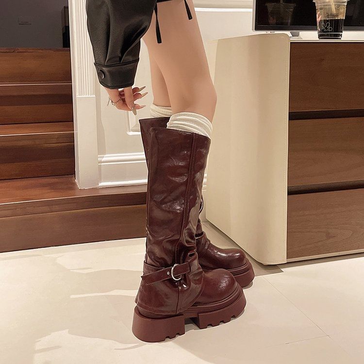 Panel Boots Knee High Platform Buckled