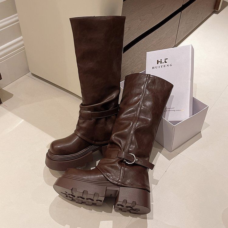 Panel Boots Knee High Platform Buckled