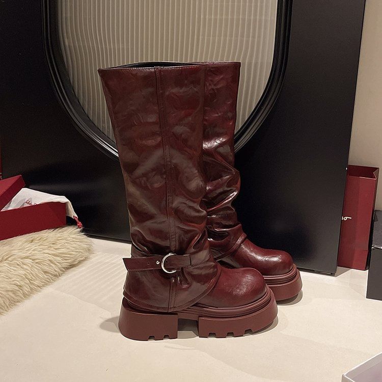 Panel Boots Knee High Platform Buckled