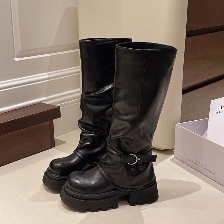 Panel Boots Knee High Platform Buckled