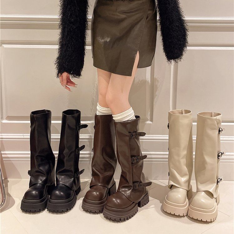 Buckled Panel Platform Boots High Knee