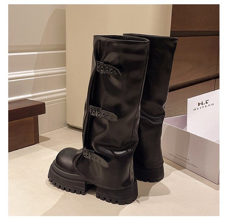 Buckled Panel Platform Boots High Knee