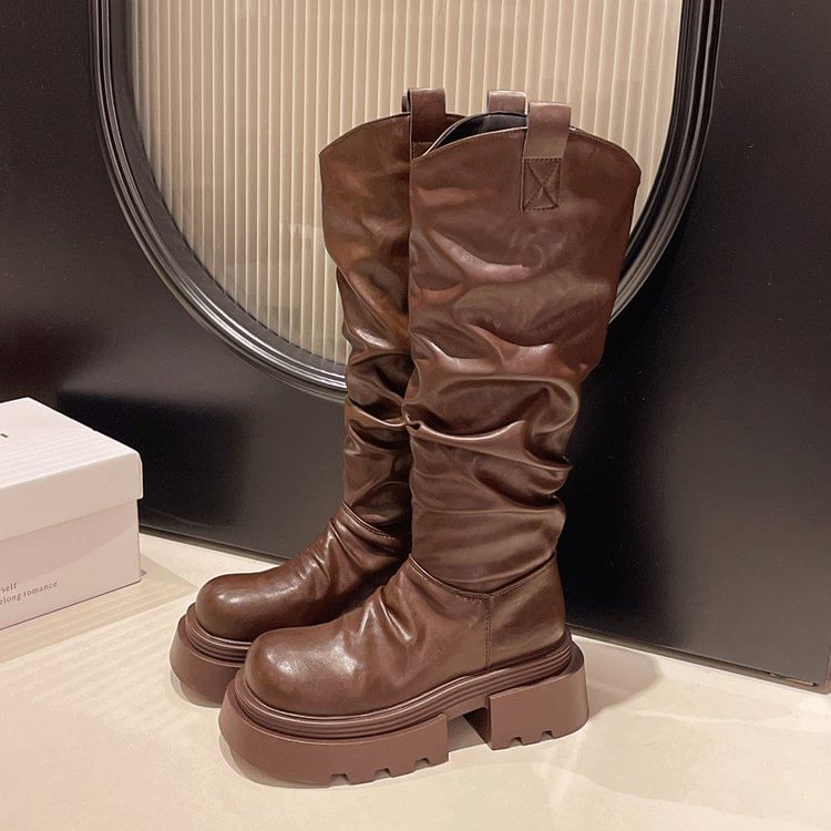 Platform Boots Knee High Ruched