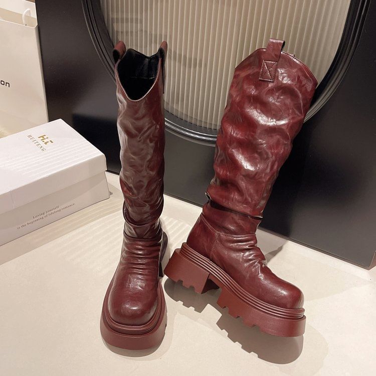 Platform Boots Knee High Ruched
