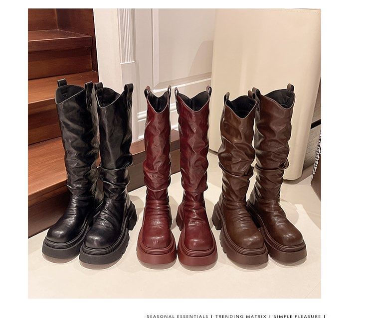 Platform Boots Knee High Ruched