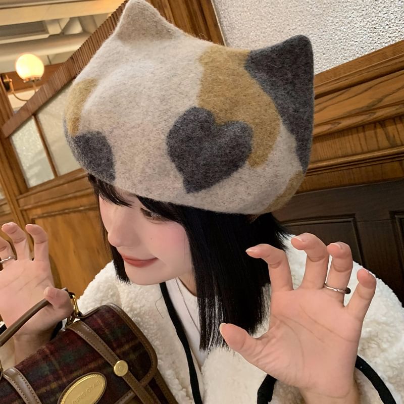 Patterned Ear Cat Beret
