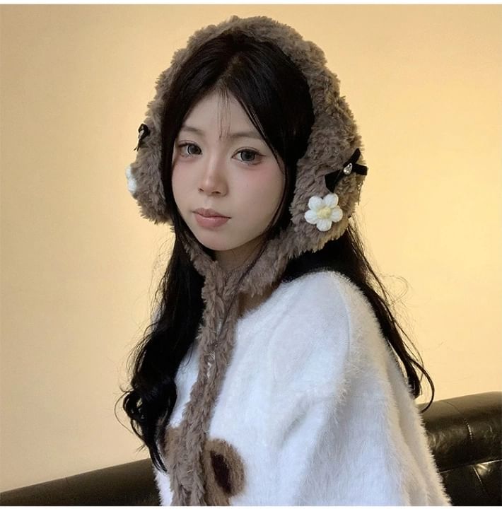 Crochet Fluffy Earmuffs Flower Bow