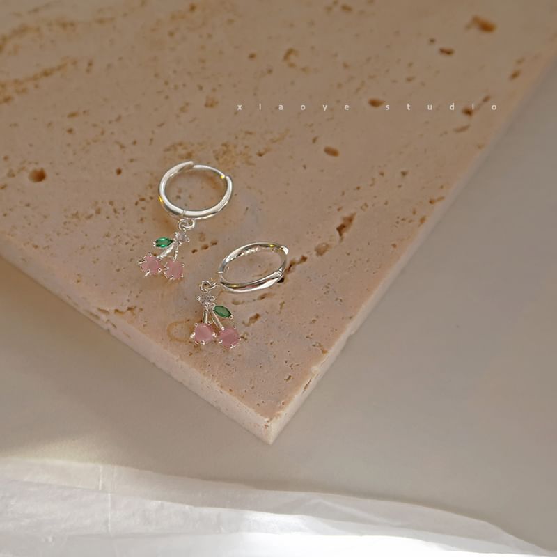 Cherry Rhinestone Silver Drop 925 Earring Sterling Hoop