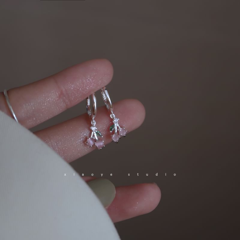 Cherry Rhinestone Silver Drop 925 Earring Sterling Hoop