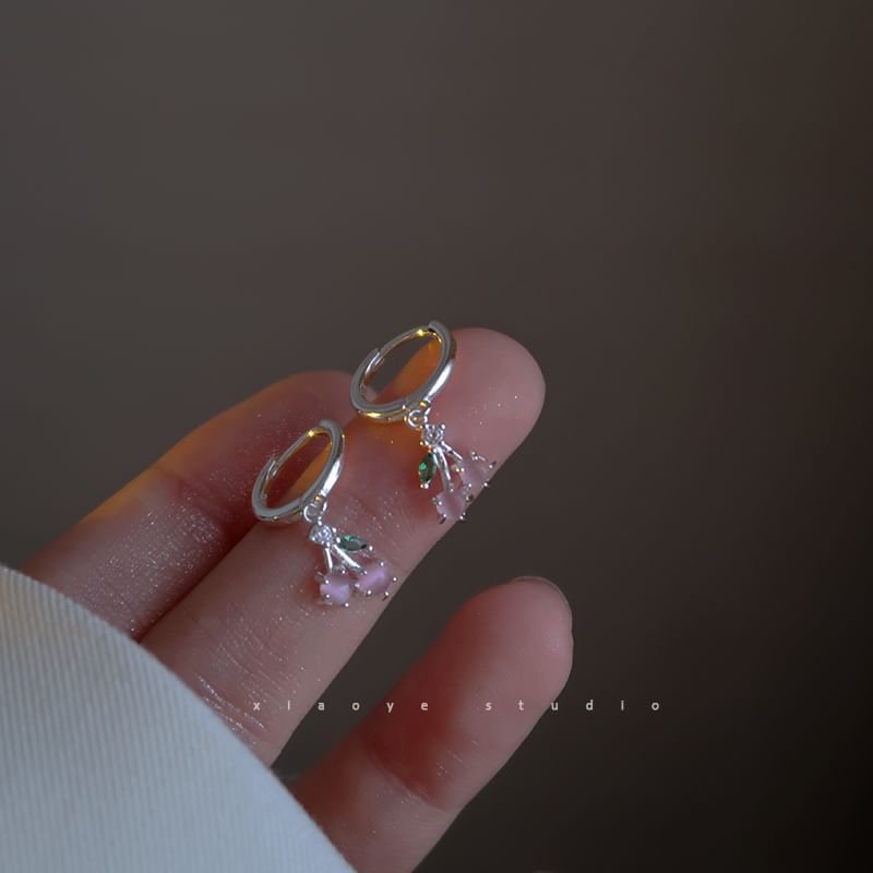 Cherry Rhinestone Silver Drop 925 Earring Sterling Hoop
