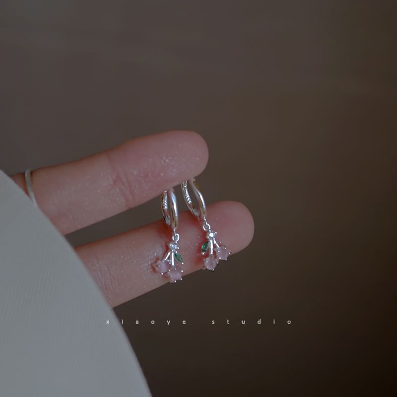 Cherry Rhinestone Silver Drop 925 Earring Sterling Hoop