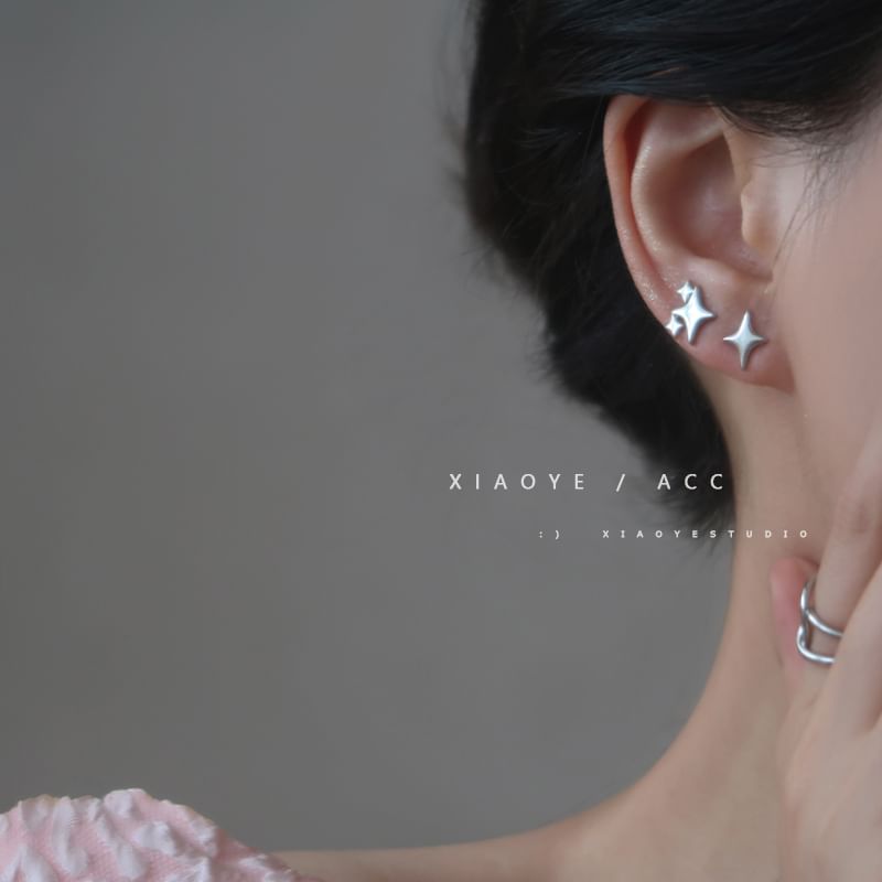 925 Silver Star Earring Asymmetrical Stud Sterling