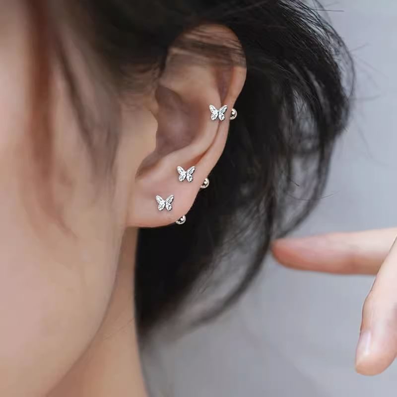 Earring Barbell Silver Butterfly Sterling 925