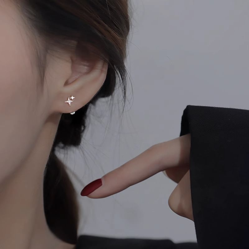 Barbell Rhinestone Silver Star Earring Sterling 925