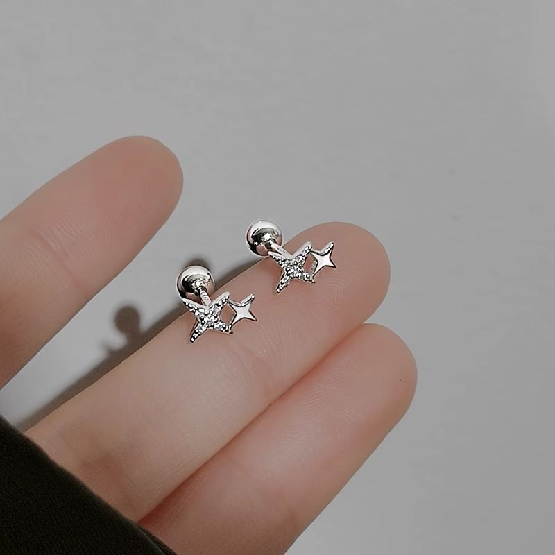 Barbell Rhinestone Silver Star Earring Sterling 925