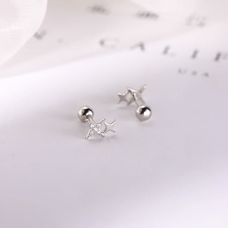 Barbell Rhinestone Silver Star Earring Sterling 925