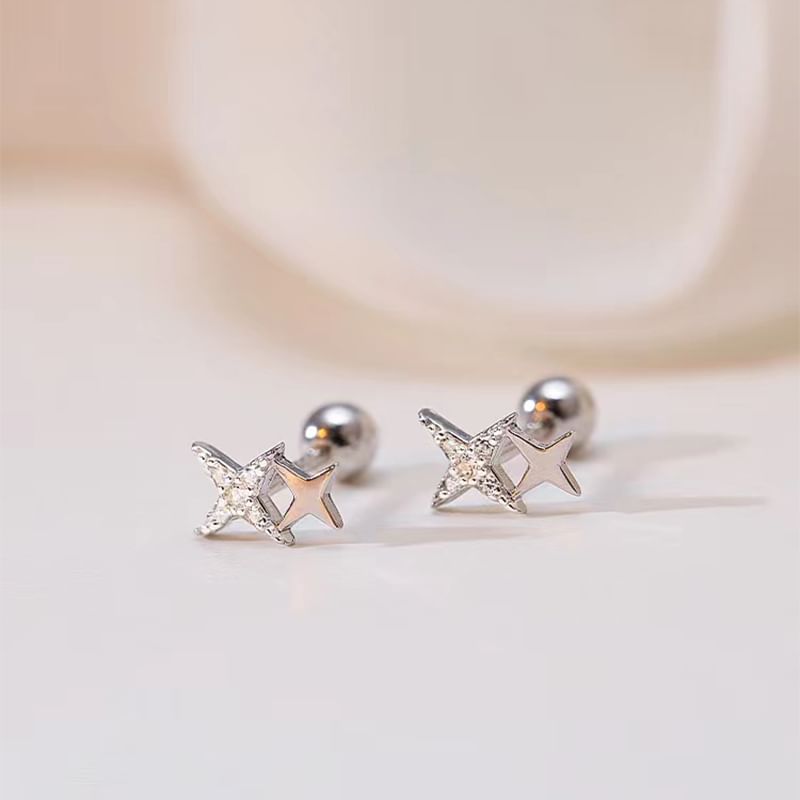 Barbell Rhinestone Silver Star Earring Sterling 925